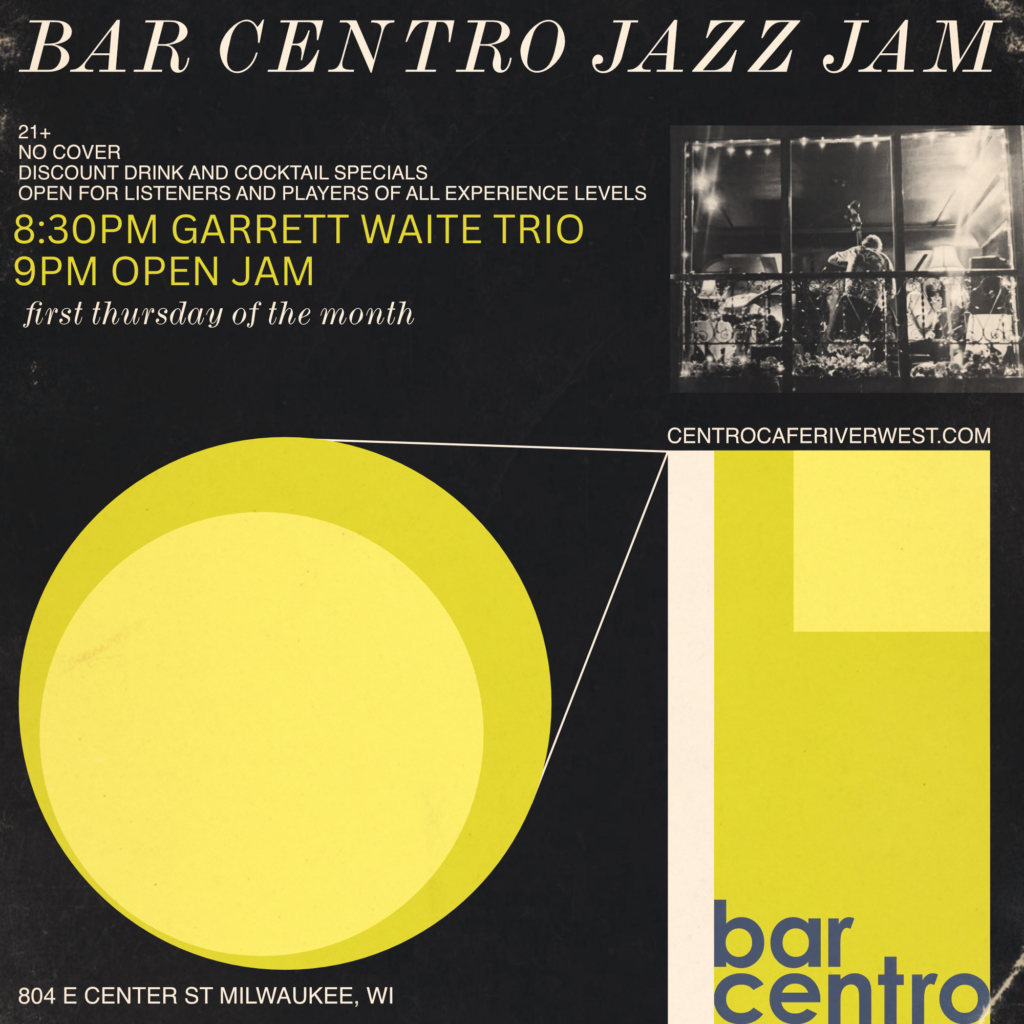 Poster for Jazz Jam – first Thursday – no cover + drink specials